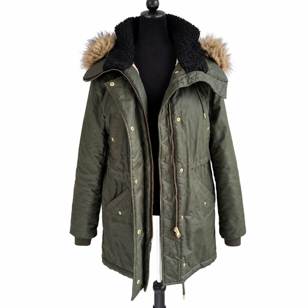 J Crew Perfect Winter Parka Womens M Olive Green Faux Fur Hood Primaloft Coat
